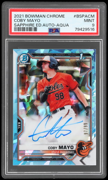 2021 Bowman Chrome Sapphire Coby Mayo Prospect Autograph Aqua Refractor PSA 9