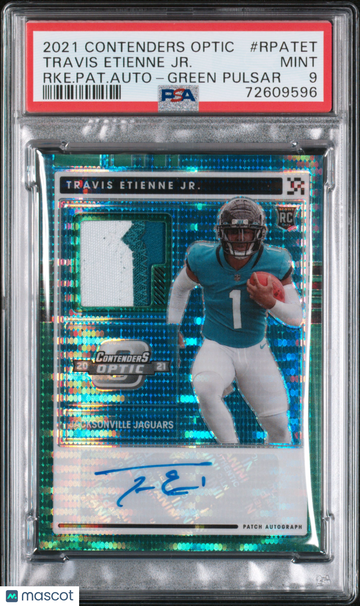 2021 Panini Contenders Optic Rookie Patch Autographs Travis Etienne JR. #RPATET RKE. Pat. Auto Green Pulsar PSA 9