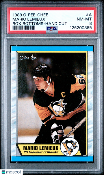 1989 O-Pee-Chee Box Bottoms-Hand Cut Mario Lemieux #A Box Bottom PSA 8