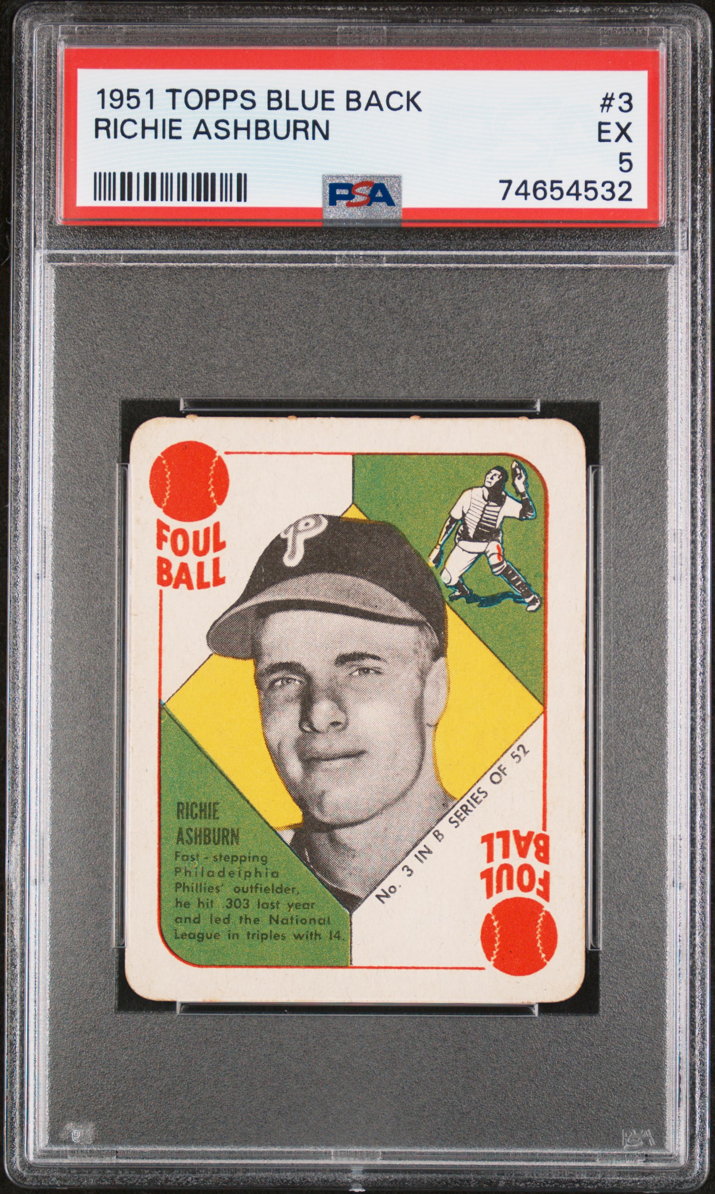 1951 Topps Blue Back  Richie Ashburn #3  PSA 5 NEW LABEL VINTAGE BASEBALL