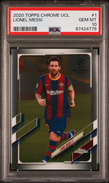 2020 TOPPS CHROME UEFA CHAMPIONS LEAGUE LIONEL MESSI BARCELONA #1 PSA 10