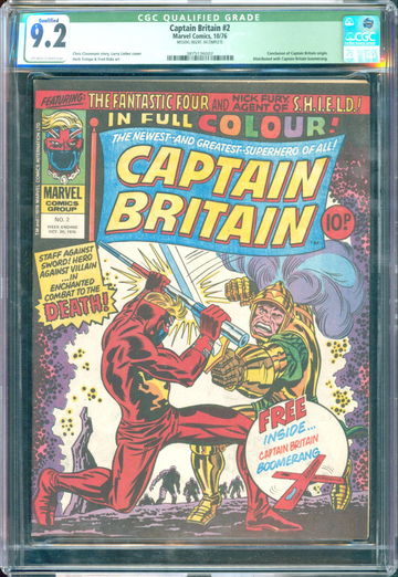 Captain Britain #2 (1976) CGC 9.2 -- O/w to white; Qualified grade; no boomerang