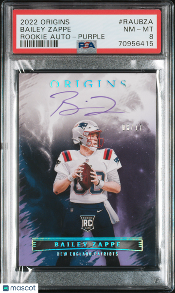 2022 Origins Bailey Zappe Rookie Auto Purple /17 PSA 8