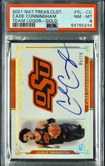 2021-22 Panini National Treasures Cade Cunningham 5/10 Team Logos Rookie Gold Auto PSA 8 NM-MT