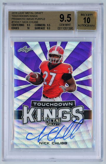 2018 Leaf Metal Draft Touchdown Kings Prismatic Wave Purple Auto /15 Nick Chubb BGS 9.5 w 10 Autograph