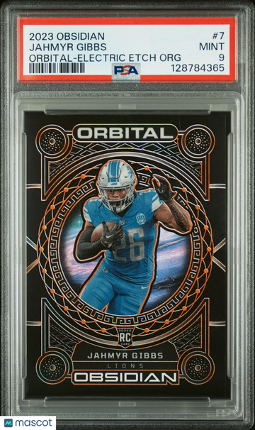 Jahmyr Gibbs 2023 Panini Obsidian Orbital #7-Electric Etch Org 42/65 PSA 9