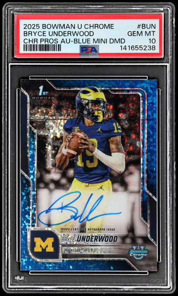 2025 Bowman Chrome University Bryce Underwood Autograph Blue Mini Diamond Refractor PSA 10