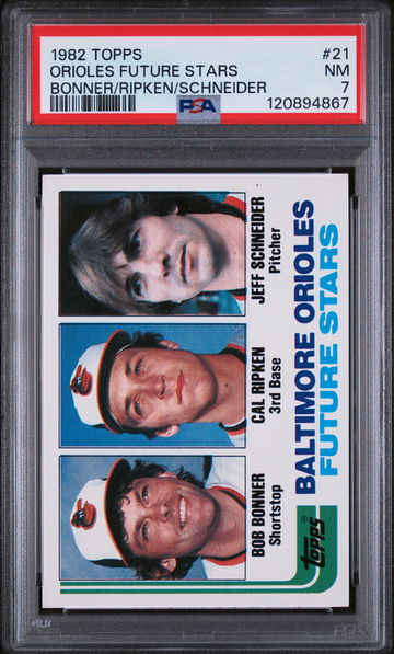 1982 Topps Bob Bonner / Cal Ripken / Jeff Schneider Orioles Future Stars PSA 7
