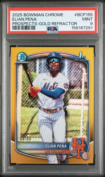 2025 Chrome Prospects Gold Refractors Elian Pena #BCP155 /50 PSA 9