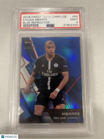 2018 Finest UEFA Champions League Kylian Mbappe #50 Blue Refractor /150 PSA 9