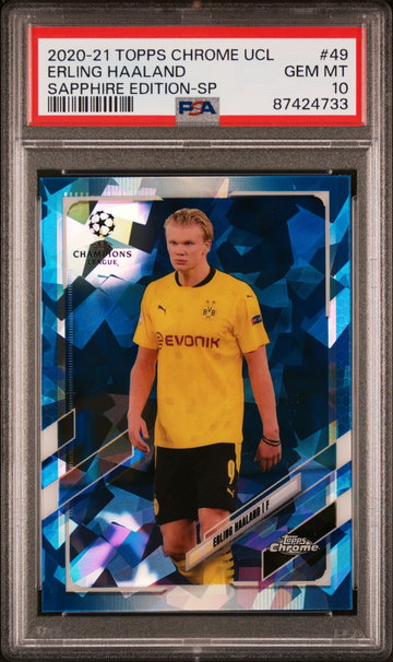 2020 TOPPS CHROME UEFA CHAMPIONS LEAGUE SAPPHIRE ERLING HAALAND SP #49 PSA 10
