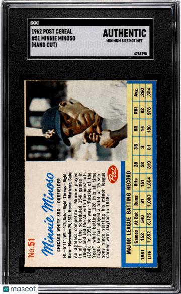 1962 Post Cereal Minnie Minoso #51 SGC A