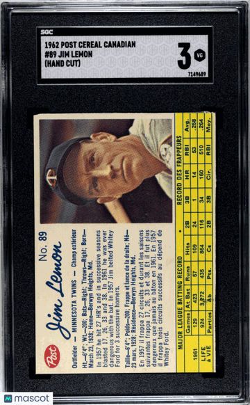 1962 Post Cereal Canadian Jim Lemon #89 (Hand Cut) SGC 3
