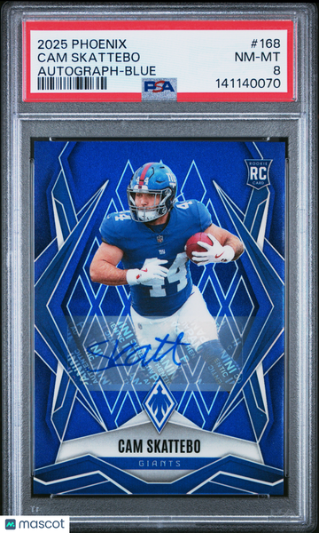 2025 Panini Phoenix Cam Skattebo #168 Autograph Blue /49 Rookie PSA 8