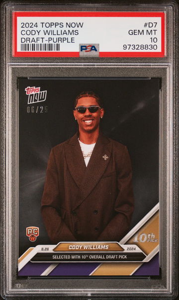 2024 TOPPS NOW DRAFT CODY WILLIAMS #/25 PURPLE #D7 RC ROOKIE PSA 10