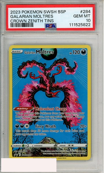 2023 POKEMON SWSH BSP GALARIAN MOLTRES #284 CROWN ZENITH TIN PSA 10 GEM MT