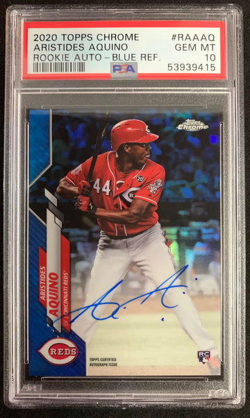 2020 Topps Chrome Aristides Aquino Rookie Auto Blue Refractor PSA 10