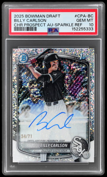 2025 Bowman Chrome Draft Billy Carlson Autographs Sparkle Refractors PSA 10