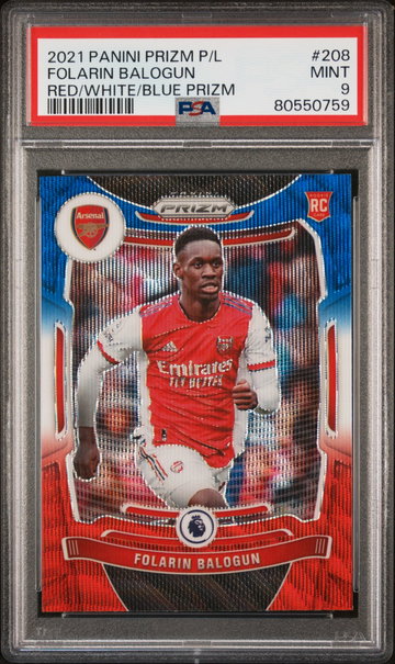 2021 PANINI PRIZM EPL FOLARIN BALOGUN RED/WHITE/BLUE PRIZM #208 RC ROOKIE PSA 9