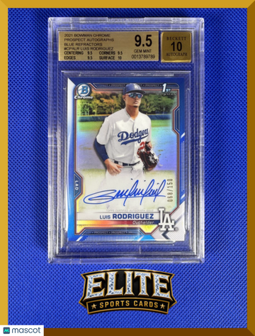 2021 Bowman Chrome Luis Rodriguez #CPA-LR Blue Refractor /150 1st Bowman BGS 9.5 BAS Auto 10