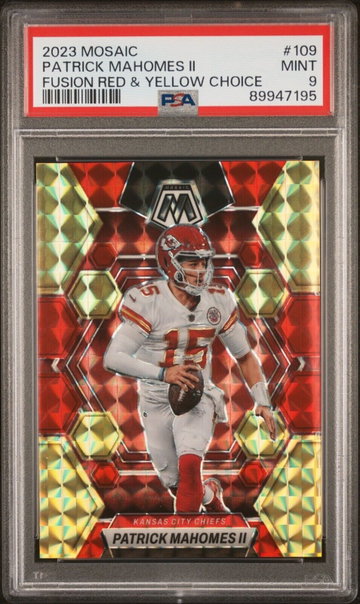2023 Panini Mosaic Patrick Mahomes II Fusion Red Yellow Choice /80 PSA 9