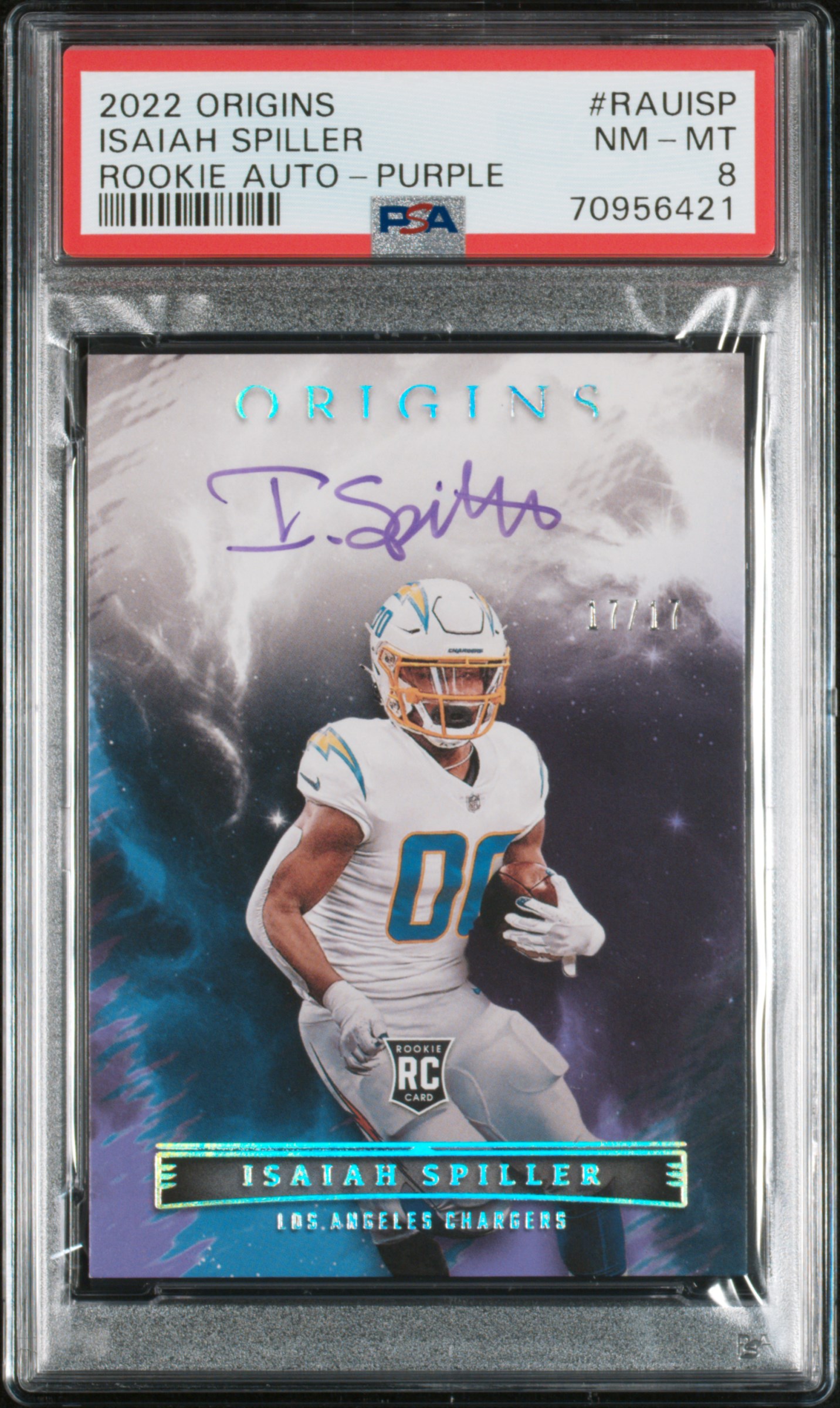 2022 Origins Rookie Autographs Isaiah Spiller Purple #17/17 - PSA 8