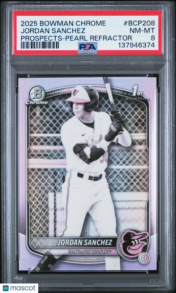 2025 Bowman Chrome Prospects Jordan Sanchez Pearl Refractor Rookie #BCP208 PSA 8 Baltimore Orioles