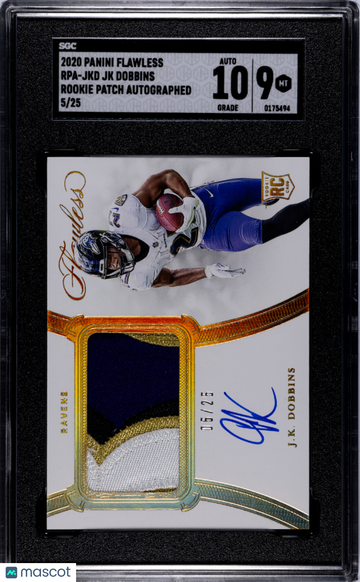 2020 Panini Flawless JK Dobbins #RPA-JKD Rookie Patch Autograph SGC 9 Auto 10