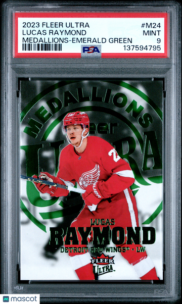 2023-24 Upper Deck Fleer Ultra Medallions Lucas Raymond #M24 Emerald Green /10 PSA 9