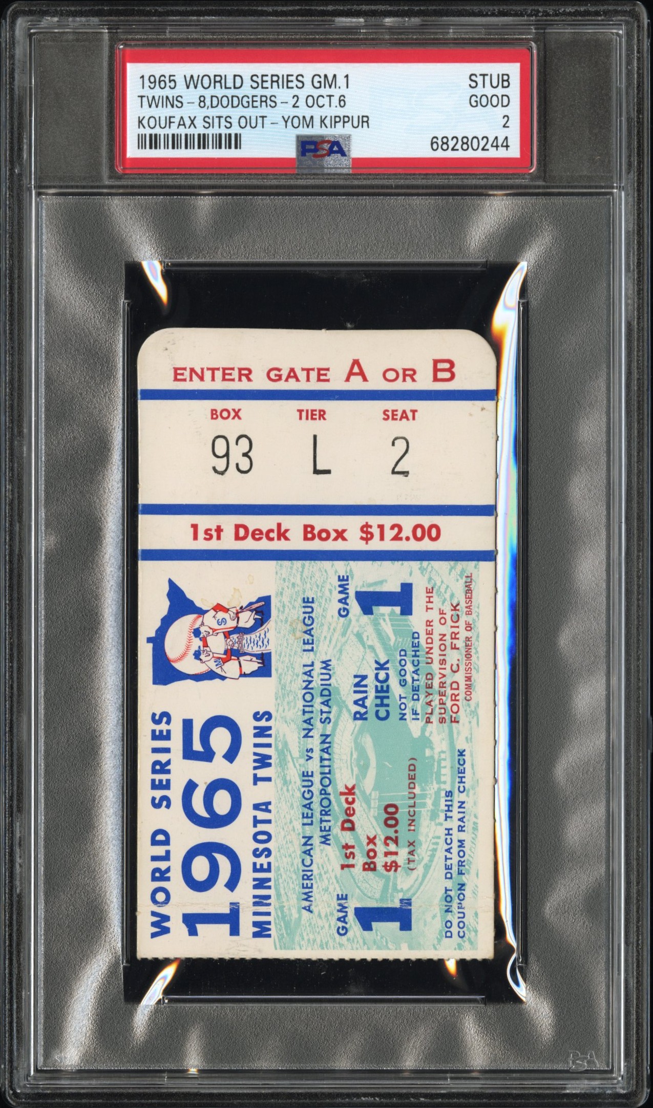 Sandy Koufax Sits Out for Yom Kippur Ticket GM 1 1965 WS Stub - PSA 2