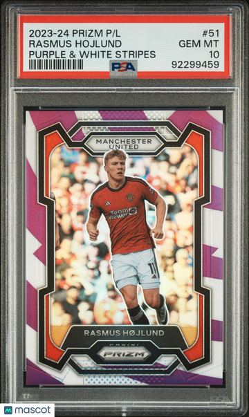 2023-24 Panini Prizm Premier League Rasmus Hojlund #51 Purple & White Stripes PSA 10