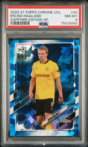 2020 TOPPS CHROME UEFA CHAMPIONS LEAGUE SAPPHIRE ERLING HAALAND SP #49 PSA 8