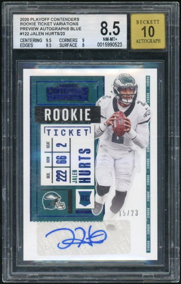 2020 Panini Contenders Football 122 Jalen Hurts Rookie Ticket Variations Preview Rookie /23 Beckett 8.5 NM-MT+ Philadelphia Eagles Auto