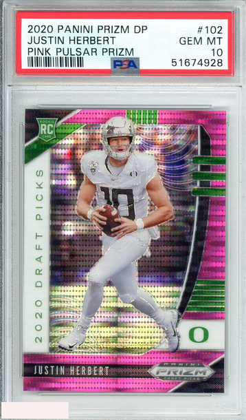 2020 PANINI PRIZM DP JUSTIN HERBERT #102 PINK PULSAR PRIZM ROOKIE RC PSA 10