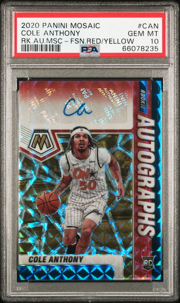 2020-21 Panini Mosaic Rookie Autographs COLE ANTHONY RC Mosaic Choice Fusion Red & Yellow Auto GEM MT 10