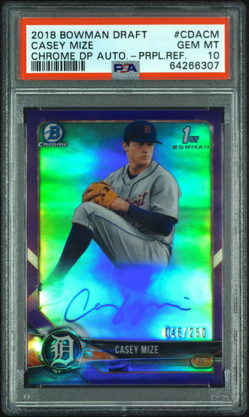2018 BOWMAN DRAFT CHROME DRAFT PICKS AUTOGRAPHS Casey Mize #CDACM CHROME DP AUTO-PRPL.REF. PSA 10