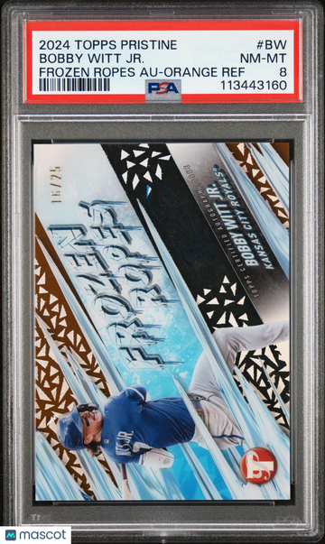 2024 Topps Pristine Frozen Ropes Autographs Bobby Witt JR. #BW Orange Ref /25 PSA 8