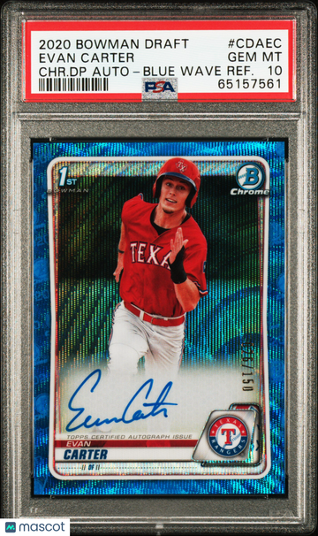 2020 Bowman Draft Chrome Draft Picks Autographs Evan Carter #CDAEC CHR. DP Blue Wave Refractor /150 PSA 10