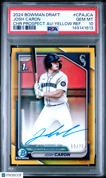 2024 Bowman Draft Chrome Prospect Autographs Josh Caron Yellow Ref 50/75 #CPAJCA PSA 10