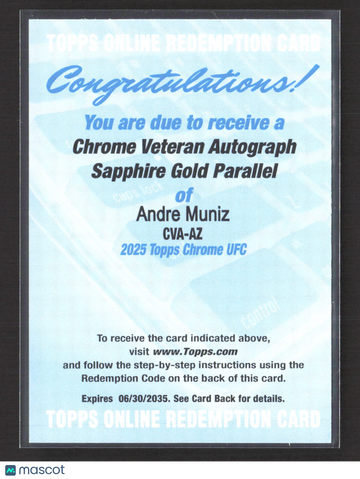 2025 Topps Chrome UFC Sapphire Andre Muniz #CVA-AZ Gold Redemption