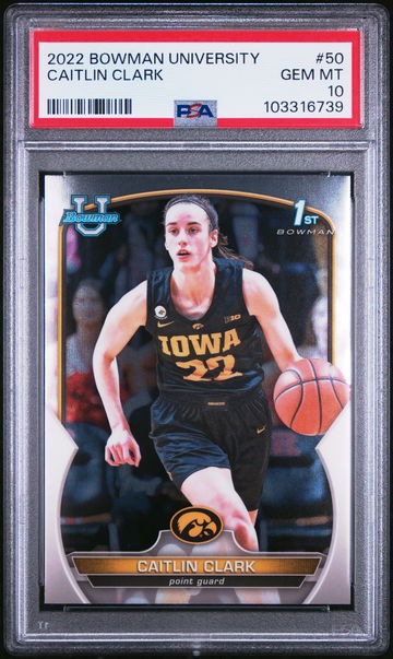 2022 BOWMAN CHROME UNIVERSITY CAITLIN CLARK #50 RC ROOKIE PSA 10 FIRST CARD
