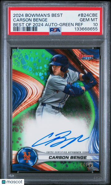 2024 Bowman's Best Best Of 2024 Autographs Carson Benge #B24CBE Green Ref /99 PSA 10