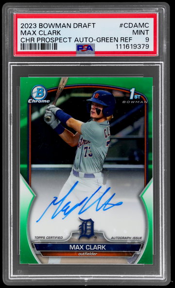 2023 Bowman Draft Max Clark Chrome Prospect Autograph Green Refractor PSA 9