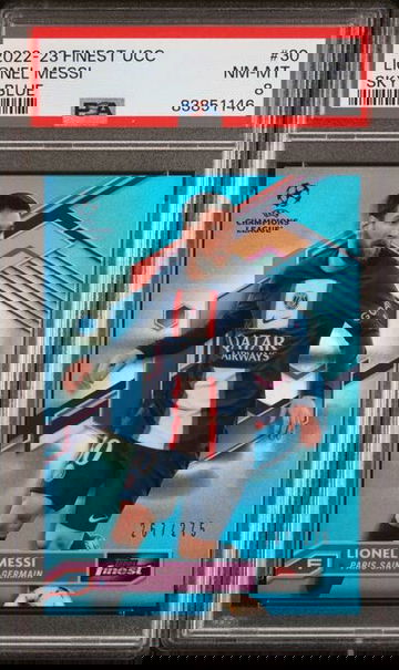 2022-23 Topps Finest UCL PSG Lionel Messi Sky Blue Refractor #/275 PSA 8