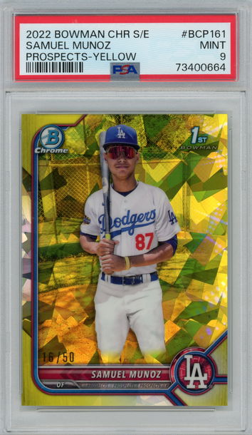2022 Bowman Chrome Sapphire Edition Samuel Munoz Yellow #'d 16/50 PSA 9 MINT Los Angeles Dodgers