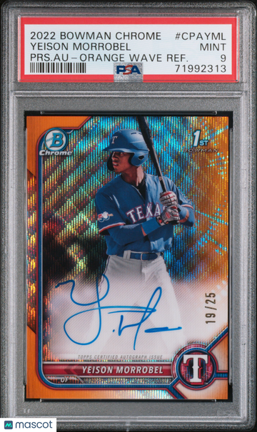 2022 Bowman Chrome Prospect Autographs Yeison Morrobel #CPAYML PRS. Au Orange Wave Refractor /25 PSA 9