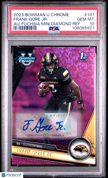 2023 Bowman University Chrome Frank Gore JR. #137 Au Fuchsia Mini Diamond Ref /150 PSA 10