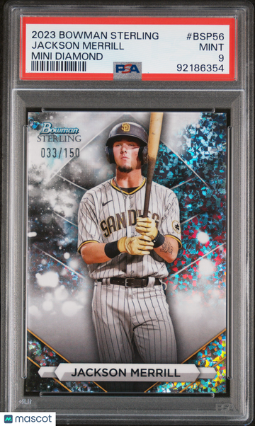 2023 Bowman Sterling Baseball—Jackson Merrill #BSP56 Mini Diamond Refractor 033/150—PSA 9
