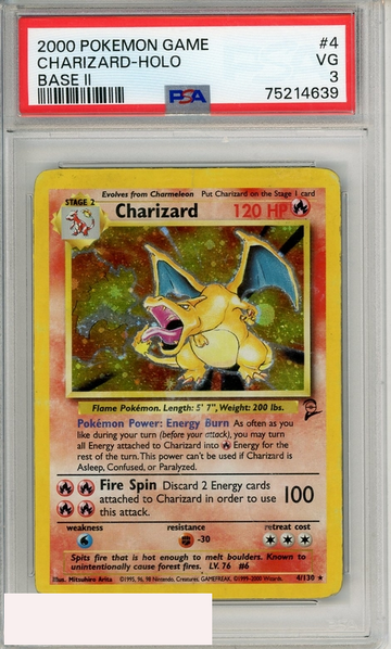 2000 POKEMON GAME BASE II CHARIZARD-HOLO #4 BASE II PSA 3 VG