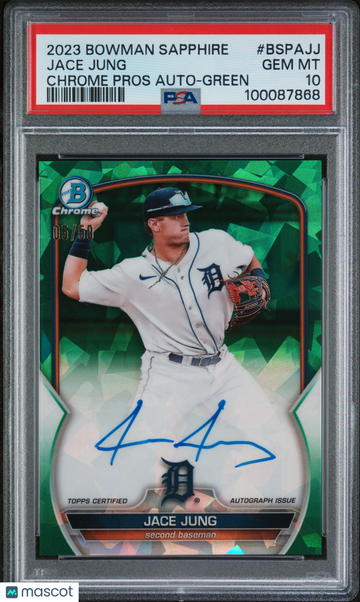 2023 Bowman Sapphire Edition Chrome Prospects Autographs Jace Jung #BSPAJJ Green /50 PSA 10
